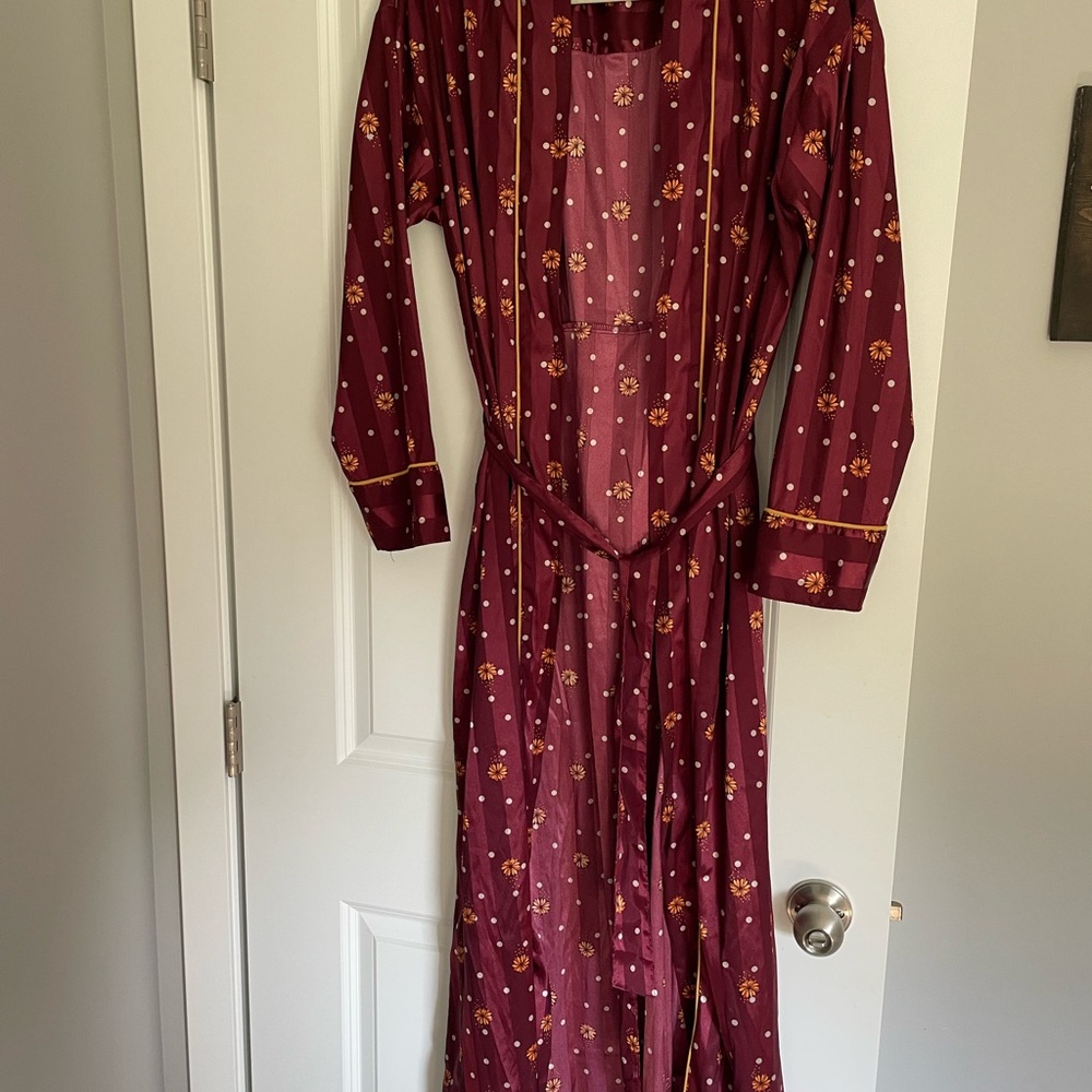 Free People Floral Burgundy Satin Long Robe